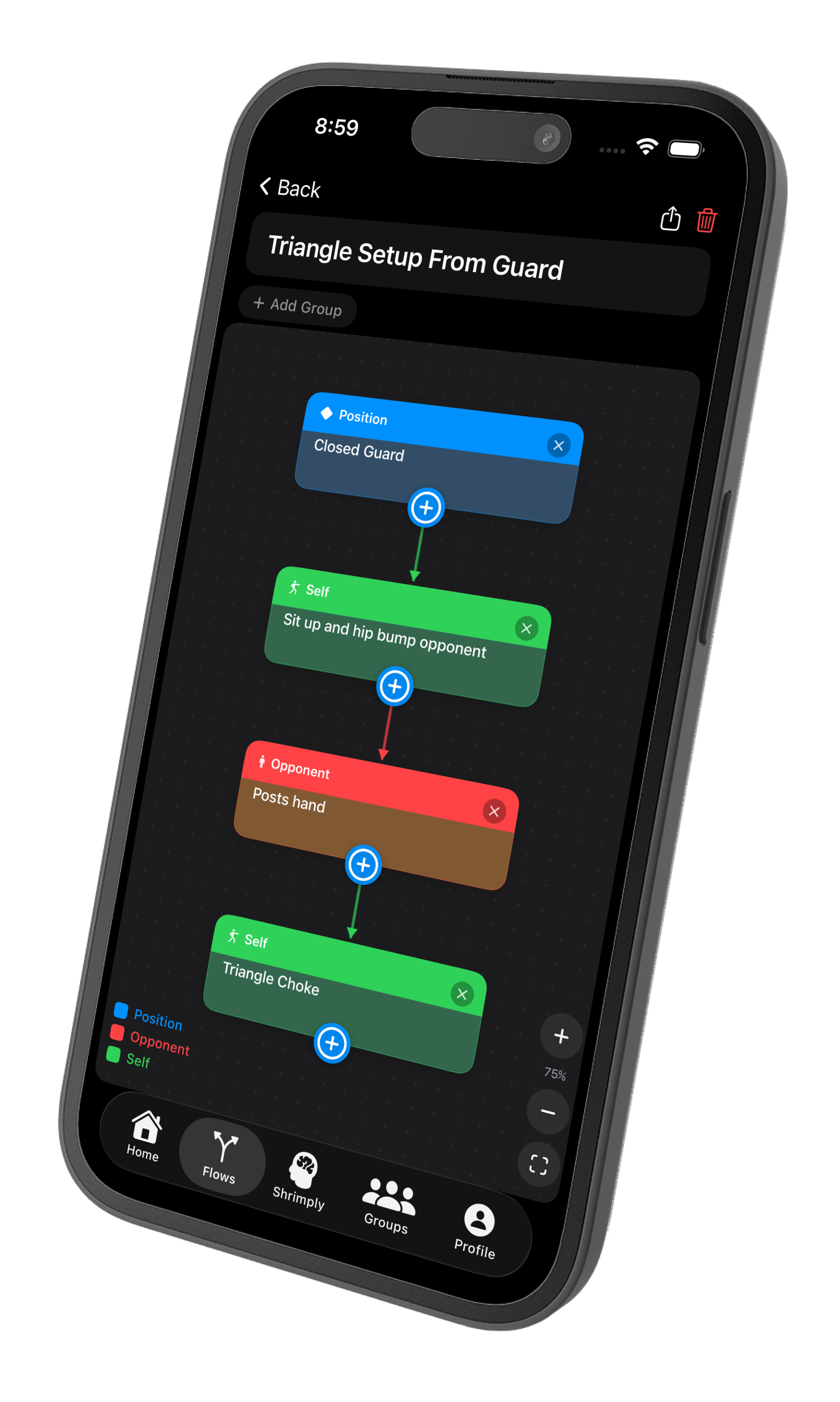 JITSIFY app showing Triangle Setup From Guard flow diagram